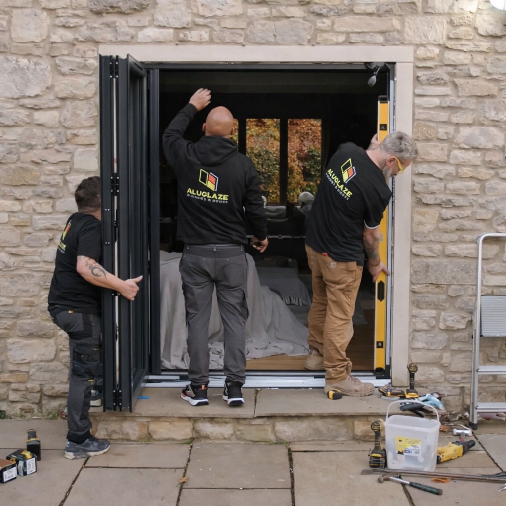 AluGlaze Windows & Doors team of glazing specialists installing a door in leeds